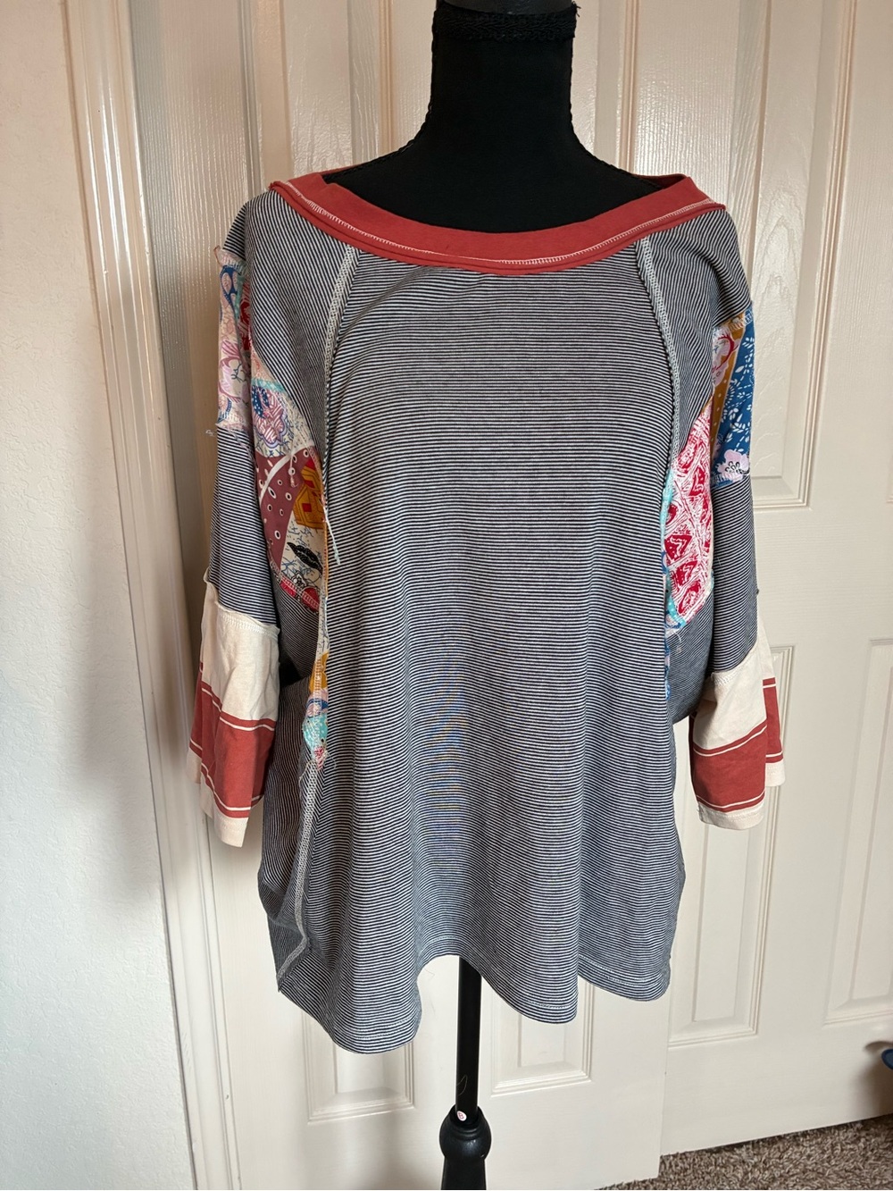 Three Bird Nest Gray Striped Top with Rust Trim & Multicolor Patchwork